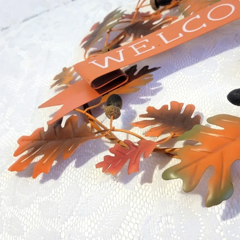 Fall Welcome Sign Metal Autumn Leaf Color Oak Acorn Wreath Door Wall Home Decor